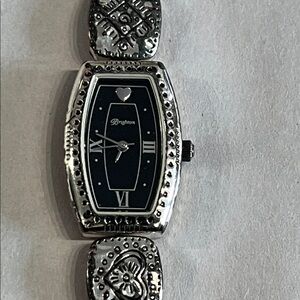 BRIGHTEN Silver and Black Ornate Watch, silver plated ,women’s watch